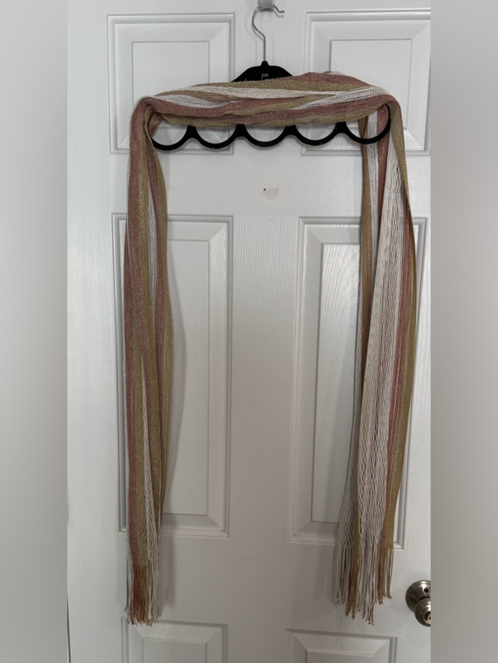 Lightweight Striped Metallic Fringe Scarf - Blush, Gold & Ivory